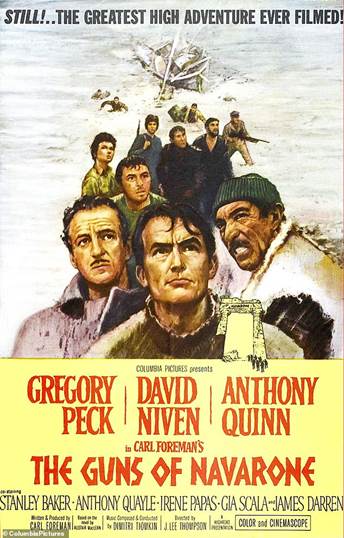 It was a mission echoed in 1961 action epic The Guns of Navarone, which starred Gregory Peck as the leader of a crack unit of commandos tasked with taking out the large-calibre guns on the fictional Navarone Island